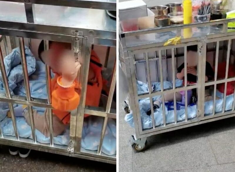 Jedna majka drži dete u kavezu da bi mogla da radi