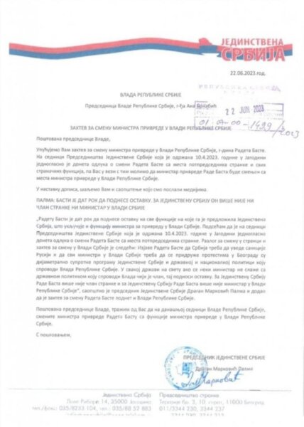 Palma i Dačić - Rade Basta da se razreši dužnosti ministra 